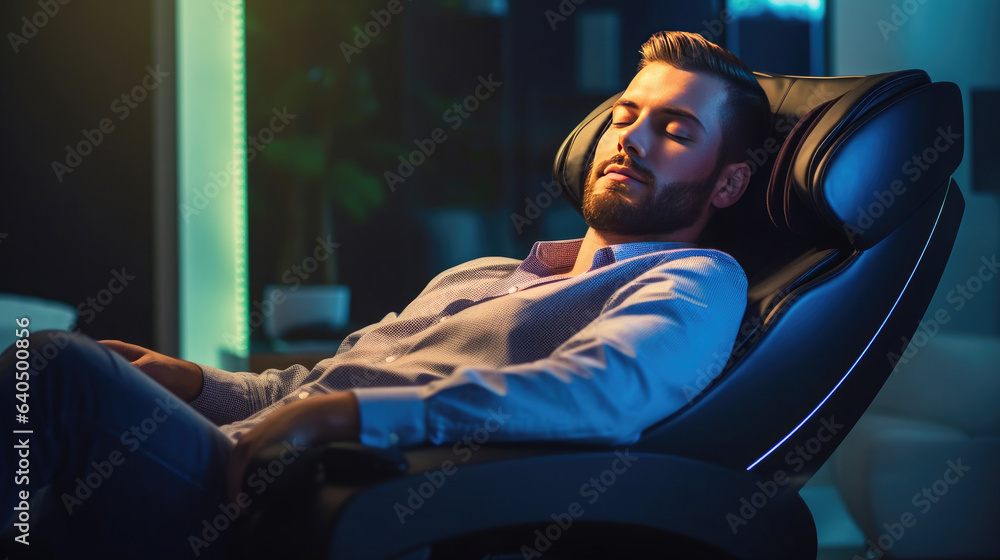 A businessman is relaxing on her massage chair in the living room while napping. electric massage ch