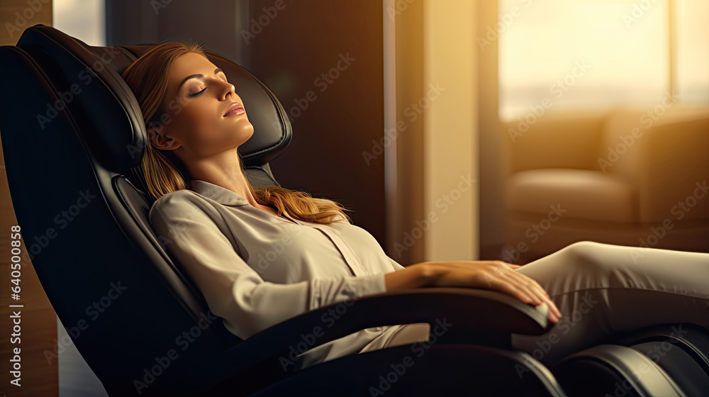 A businesswoman is relaxing on her massage chair in the living room while napping. electric massage 