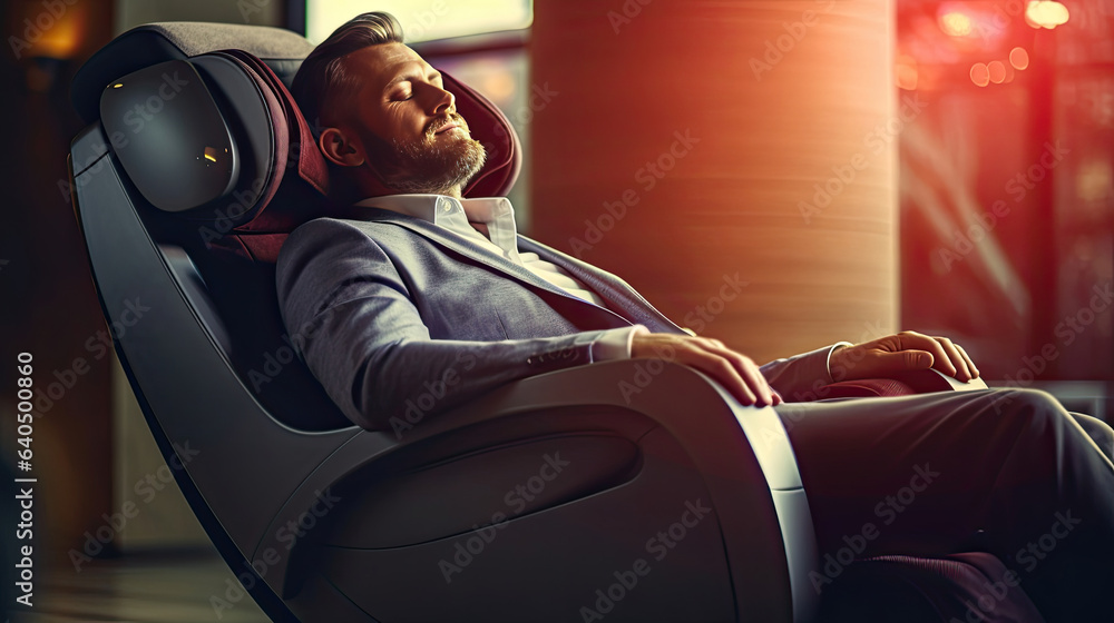 A businessman is relaxing on her massage chair in the living room while napping. electric massage ch