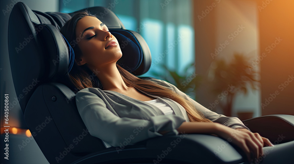 A businesswoman is relaxing on her massage chair in the living room while napping. electric massage 