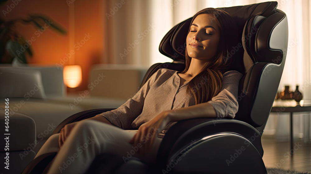 A businesswoman is relaxing on her massage chair in the living room while napping. electric massage 