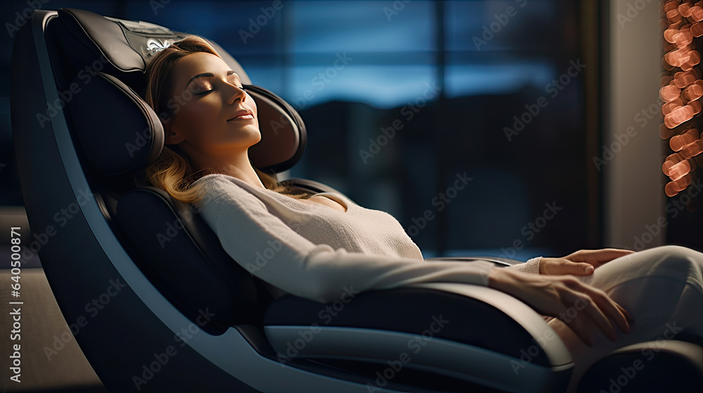 A businesswoman is relaxing on her massage chair in the living room while napping. electric massage 