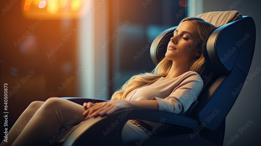 A businesswoman is relaxing on her massage chair in the living room while napping. electric massage 