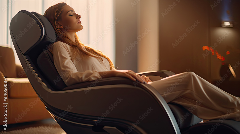 A businesswoman is relaxing on her massage chair in the living room while napping. electric massage 