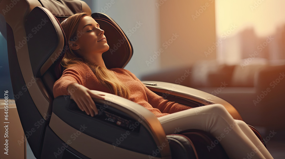 A businesswoman is relaxing on her massage chair in the living room while napping. electric massage 