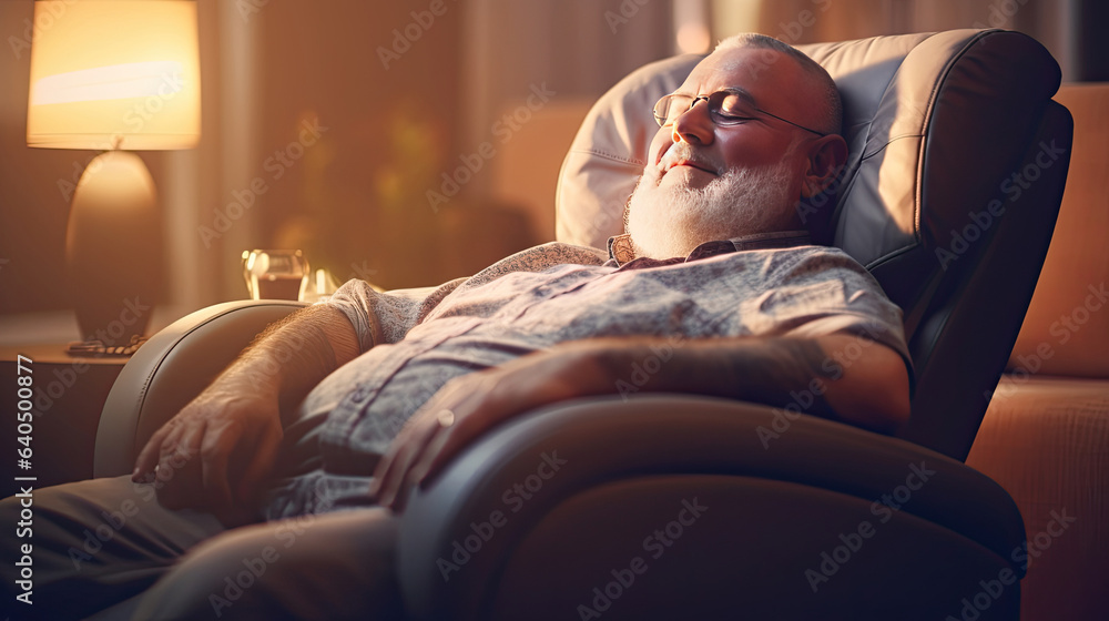 A senior man is relaxing on her massage chair in the living room while napping. electric massage cha