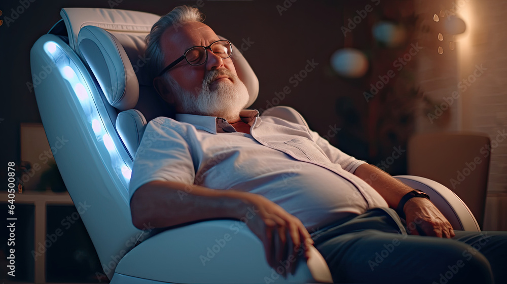 A senior man is relaxing on her massage chair in the living room while napping. electric massage cha