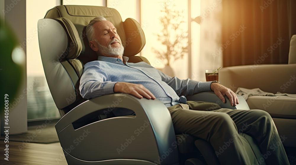 A senior man is relaxing on her massage chair in the living room while napping. electric massage cha