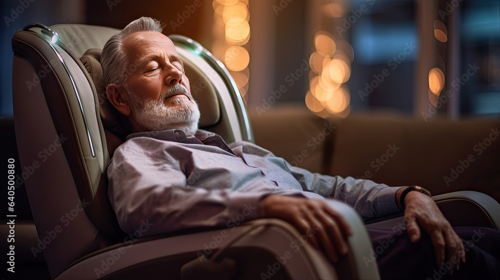 A senior man is relaxing on her massage chair in the living room while napping. electric massage cha