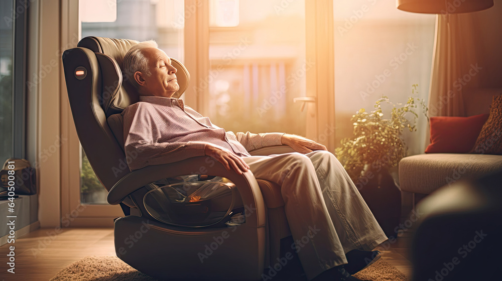 A senior man is relaxing on her massage chair in the living room while napping. electric massage cha