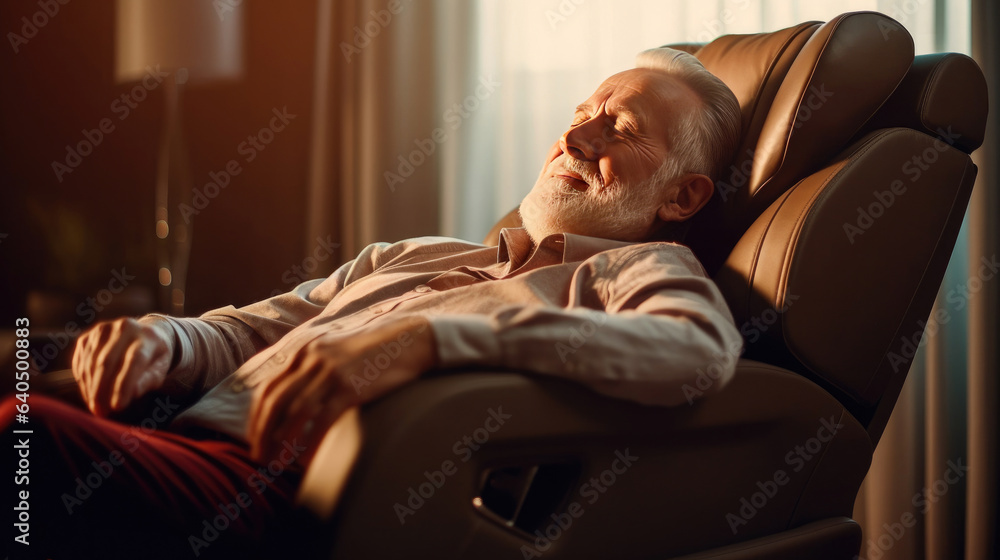 A senior man is relaxing on her massage chair in the living room while napping. electric massage cha