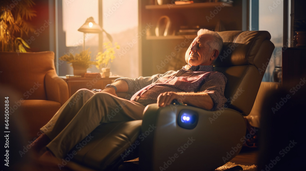 A senior man is relaxing on her massage chair in the living room while napping. electric massage cha