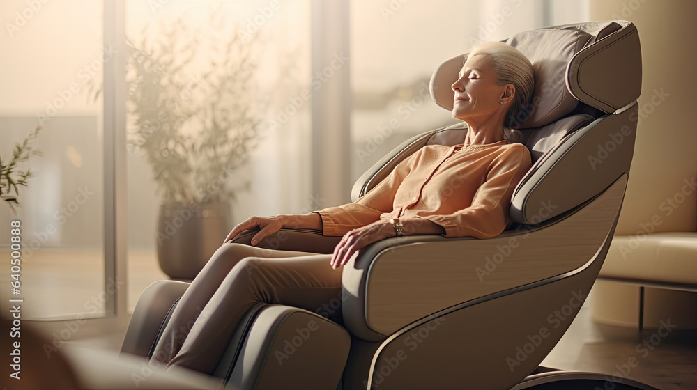 A senior woman is relaxing on her massage chair in the living room while napping. electric massage c