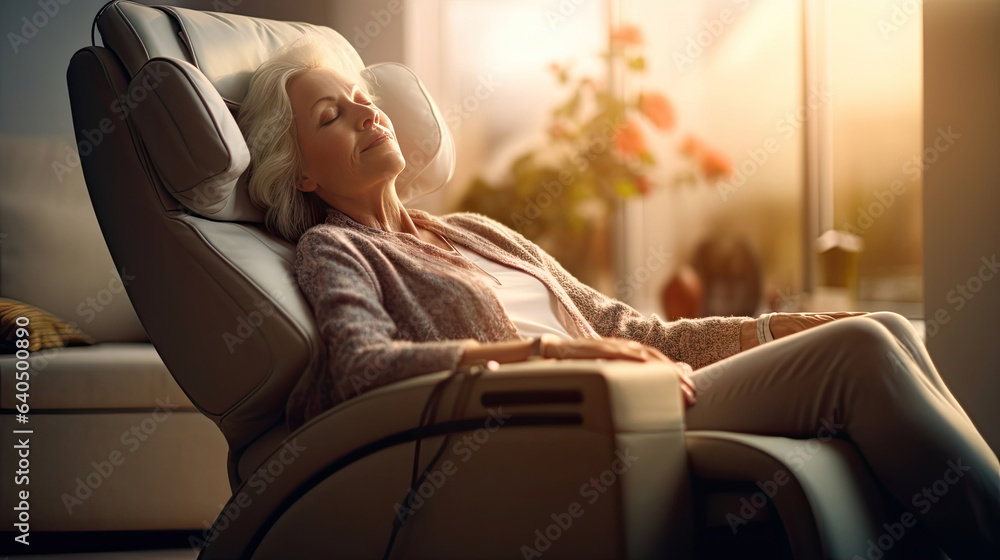 A senior woman is relaxing on her massage chair in the living room while napping. electric massage c