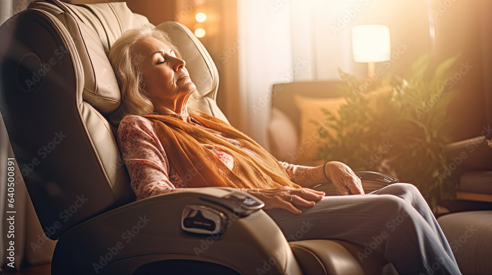 A senior woman is relaxing on her massage chair in the living room while napping. electric massage c