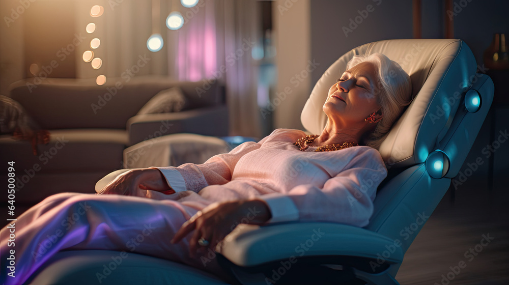 A senior woman is relaxing on her massage chair in the living room while napping. electric massage c