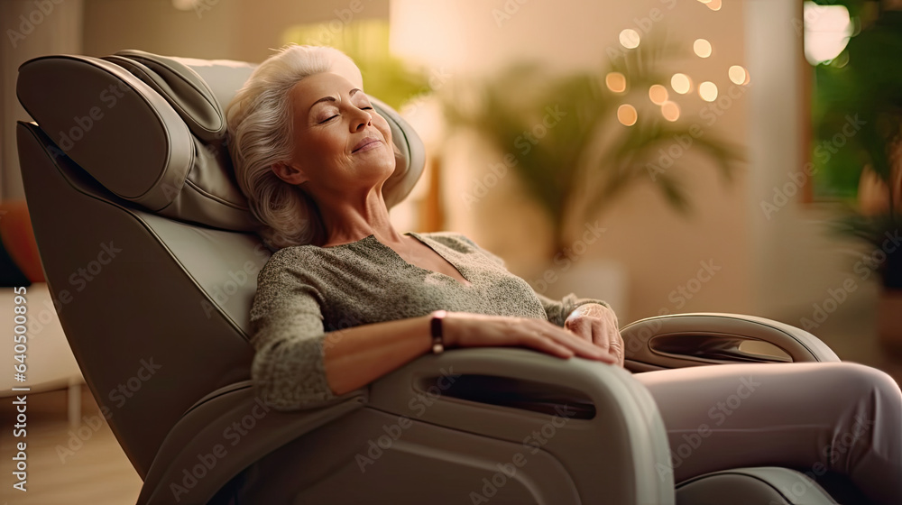 A senior woman is relaxing on her massage chair in the living room while napping. electric massage c