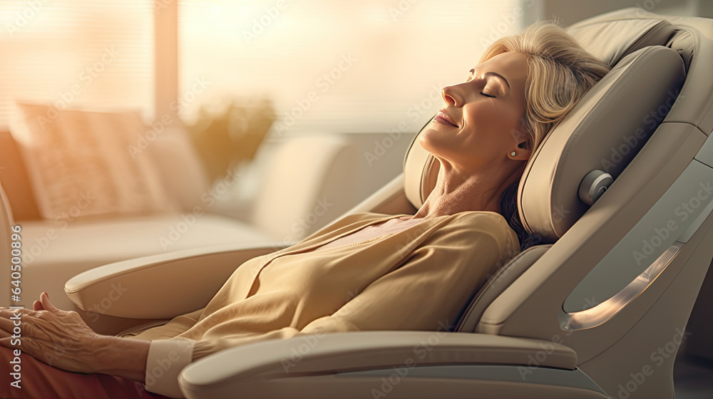 A senior woman is relaxing on her massage chair in the living room while napping. electric massage c