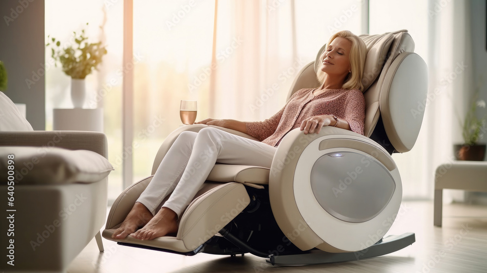 A senior woman is relaxing on her massage chair in the living room while napping. electric massage c