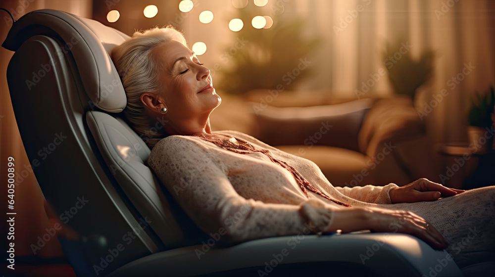 A senior woman is relaxing on her massage chair in the living room while napping. electric massage c