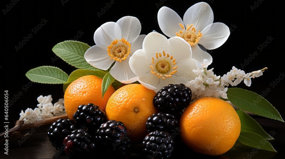 Summer fruit and flower setting with ripe fruits and white flowers, wild berries, lemons, with green