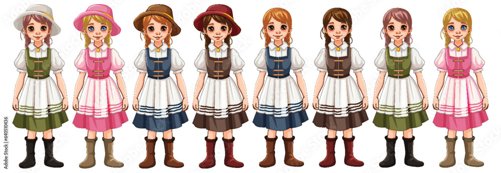 Bavarian Dress Cartoon Characters: A Set of Women