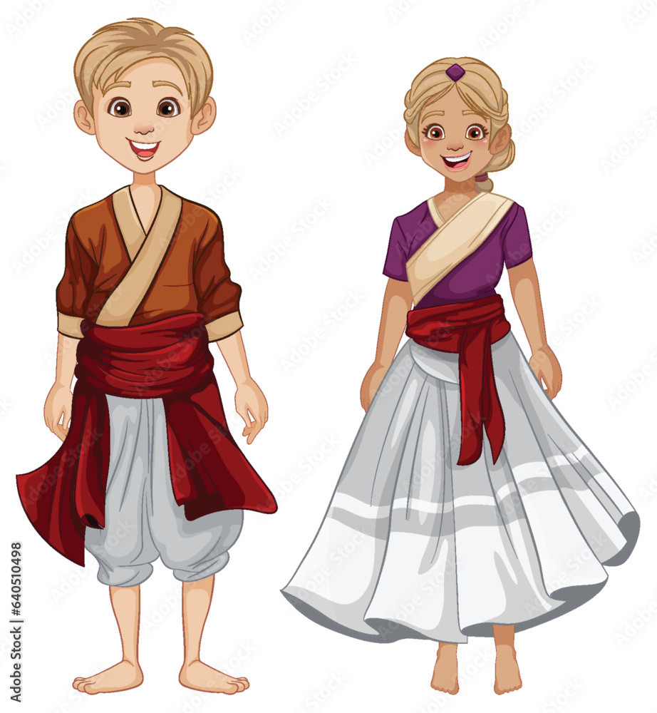 Indian Traditional Dress Couple Cartoon Illustration