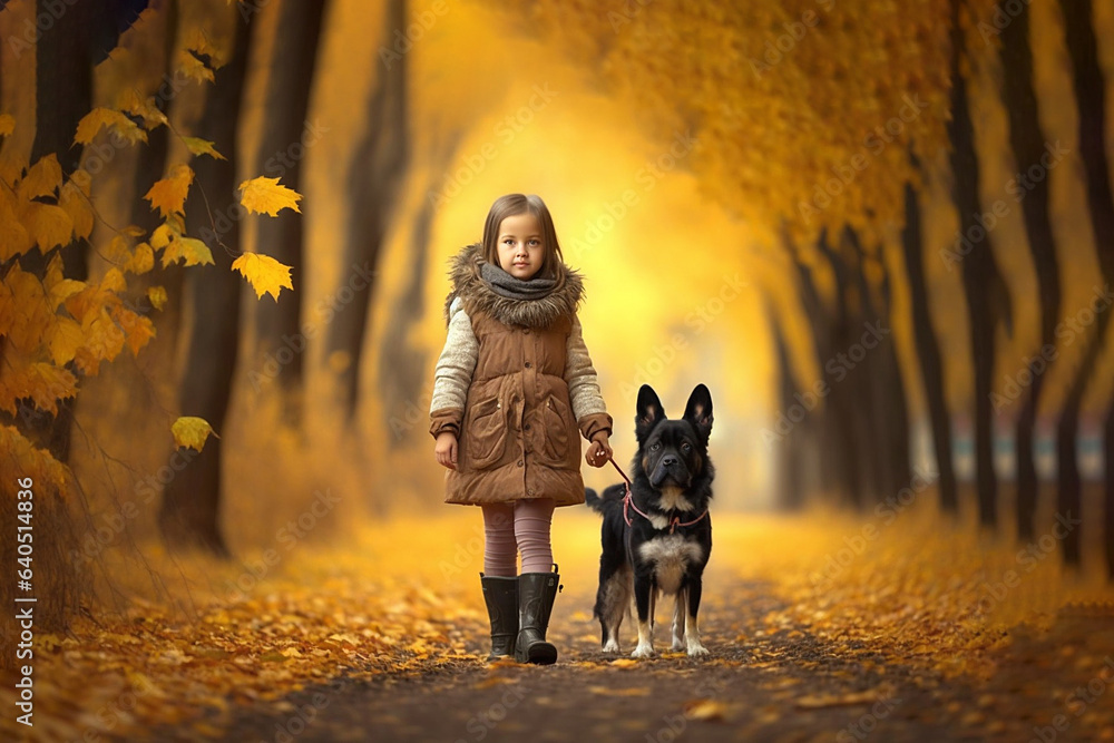 Happy child on autumn walk with dog in park