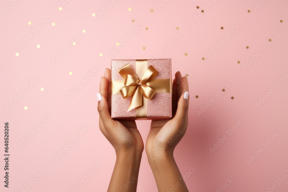 Womans hands holding gift or present box decorated confetti on pink pastel table top view. Compositi