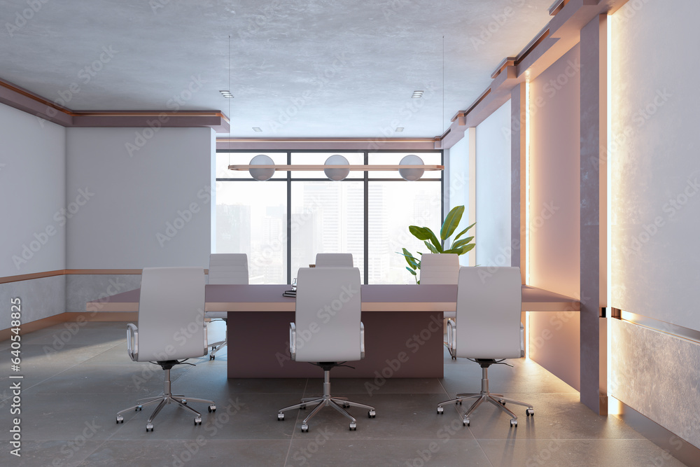 Modern stylish meeting room interior with window and city view, furniture and equipment, concrete fl