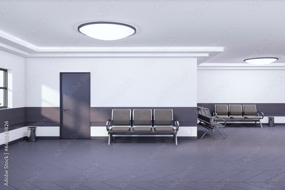 Waiting area in modern interior with concrete flooring, seats and plants. 3D Rendering.