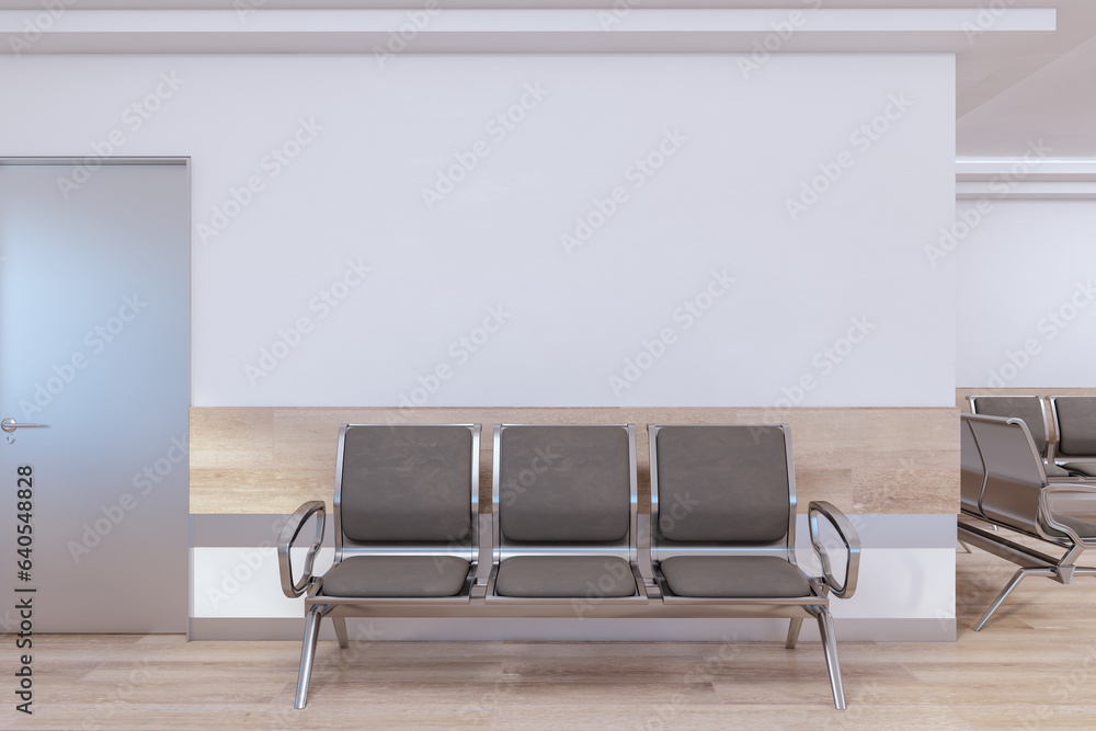 Waiting area with mock up place on wall in modern interior with wooden flooring, seats and plants. 3