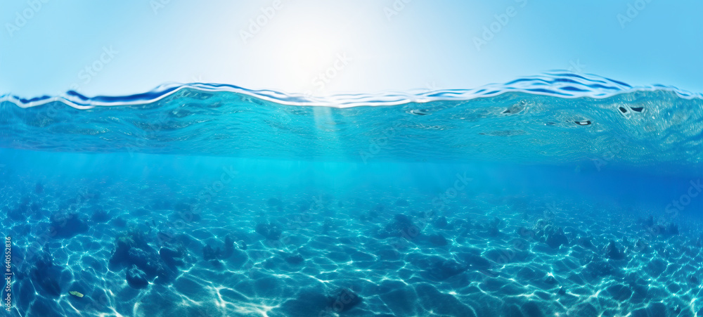 Tranquil sea water surface on coral, and sea fish tropical blue ocean underwater background