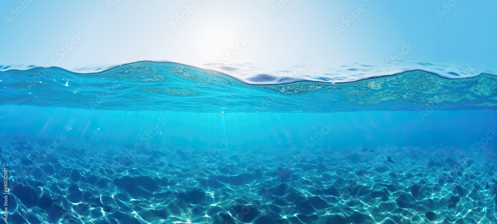 Tranquil sea water surface on a sunny day. Underwater sea in sunlight, tropical blue ocean underwate