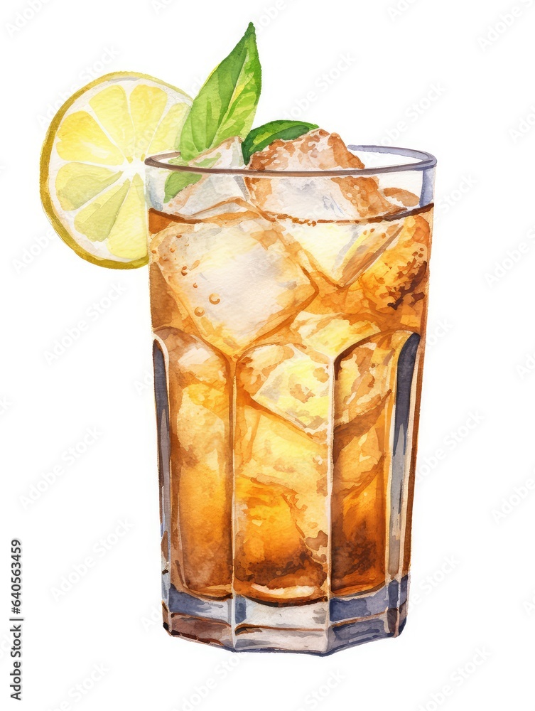 Glass of ginger ale watercolor illustration - Generative AI.