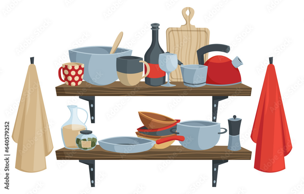 Kitchen shelf with utensils. Flat tableware and kitchenware, cartoon flat kitchen interior with pots