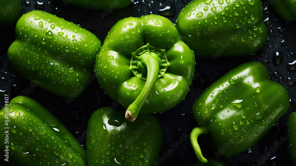 Fresh green bell peppers with water drops background. Vegetables backdrop. Generative AI