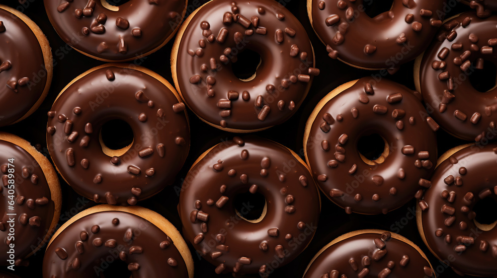 Donut with chocolate glaze background. Round american chocolate doughnuts. Generative AI