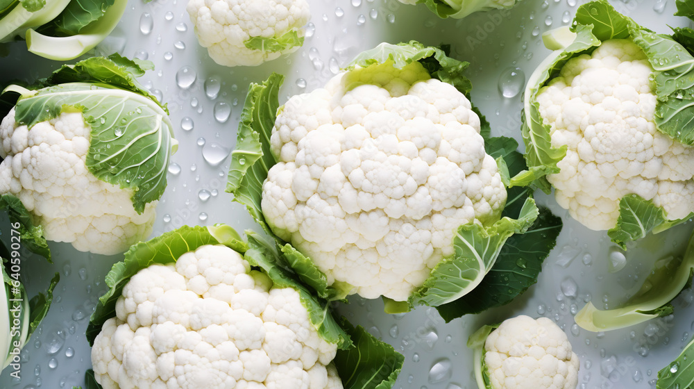 Fresh cauliflowers with water drops background. Vegetables backdrop. Generative AI