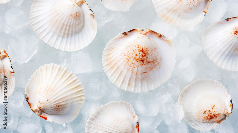 Raw fresh scallops on ice cubes. Seafood background. Generative AI