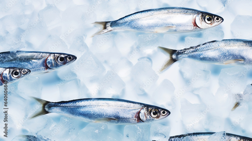  Fresh sardines on ice. Seafood background. Generative AI