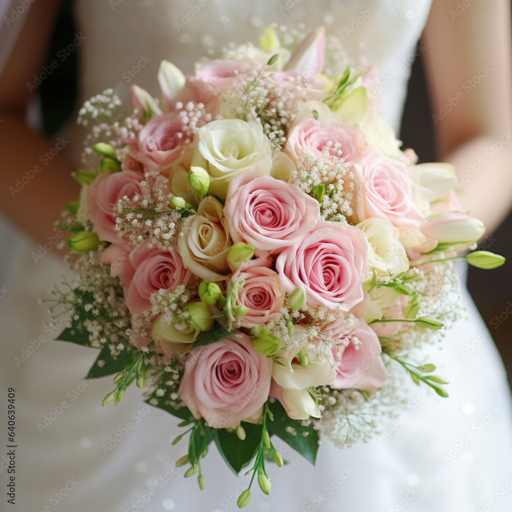 bride holding bouquet, in the style of romanticized femininity, pink and green, tokina opera