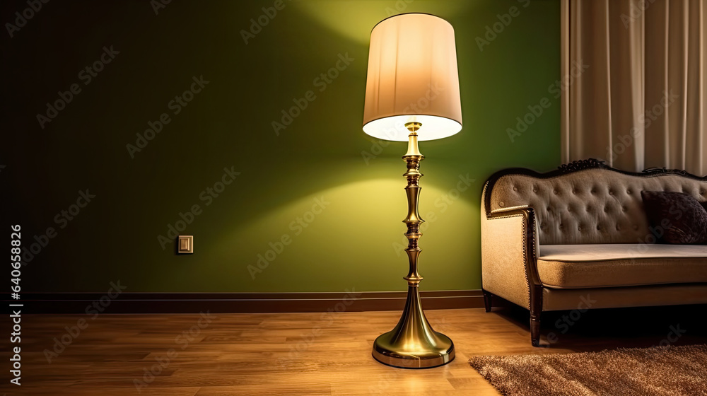 Brass floor lamp in living room. Idea for interior design. Generative Ai