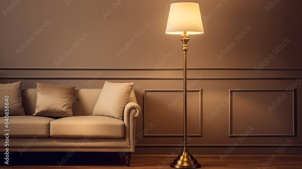 Brass floor lamp in living room. Idea for interior design. Generative Ai