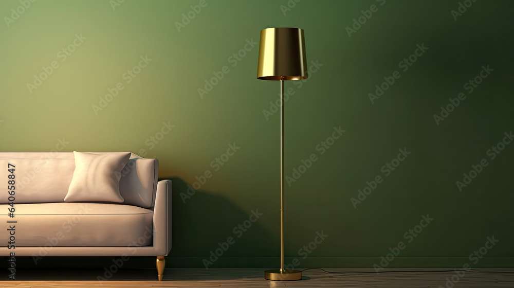 Brass floor lamp in living room. Idea for interior design. Generative Ai