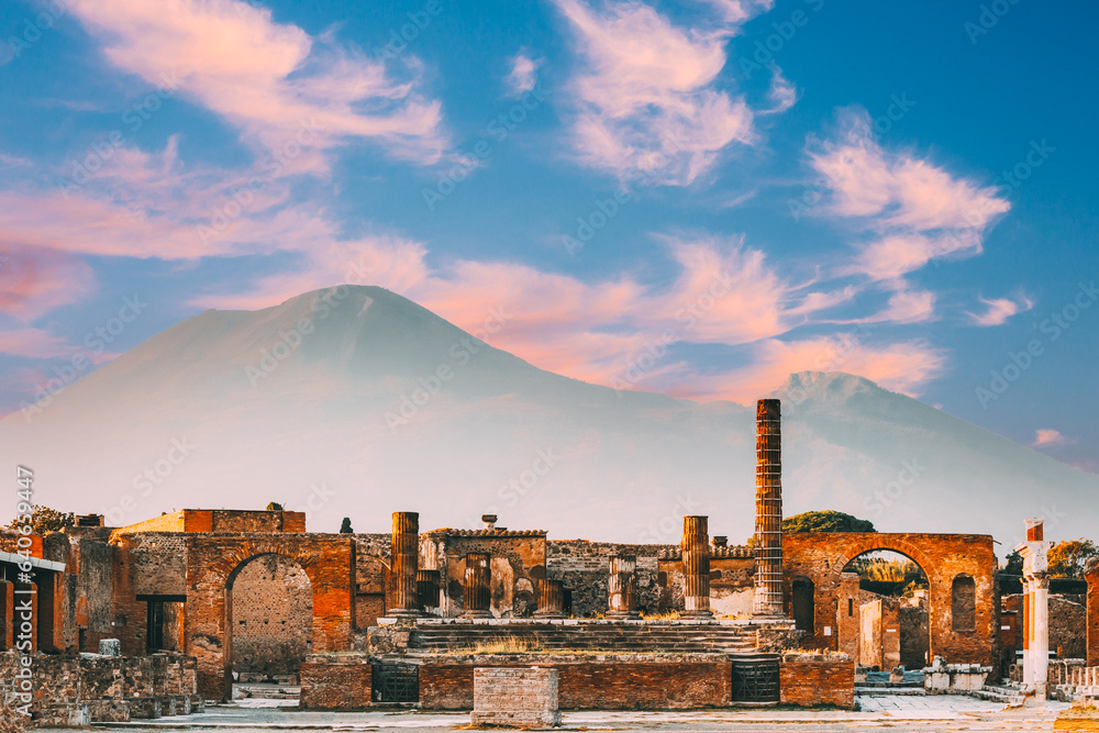 Pompeii, Italy. Temple Of Jupiter Or Capitolium Or Temple Of Capitoline Triad On Background Of Mount