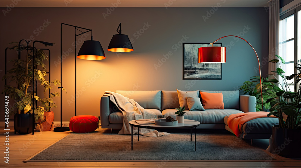 Interior of light living room with lamps. Idea for interior design. Generative Ai