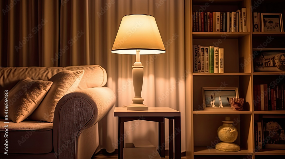 Lamp and bookshelf, living room with couch. Idea for interior design. Generative Ai