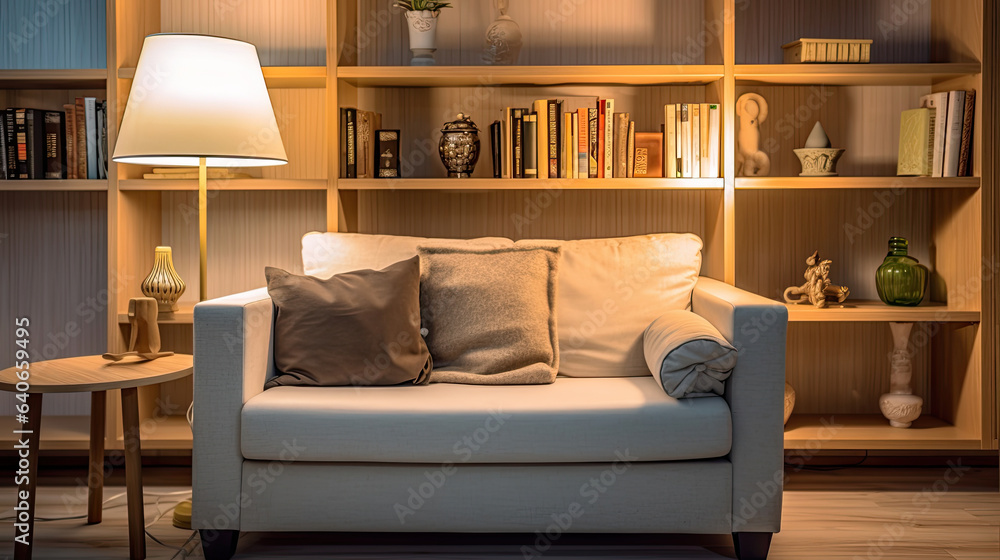 Lamp and bookshelf, living room with couch. Idea for interior design. Generative Ai