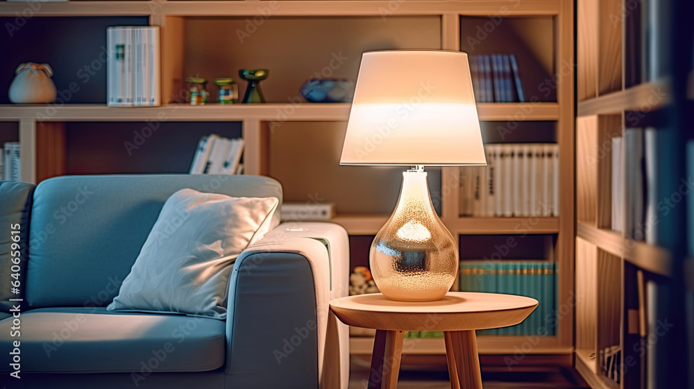 Lamp and bookshelf, living room with couch. Idea for interior design. Generative Ai